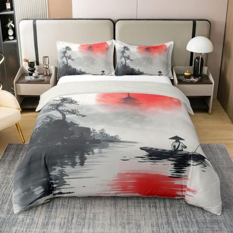 Bettwäsche-Set 155x220 cm Baumwolle Japanischer Stil Fischerboot Landschaft
