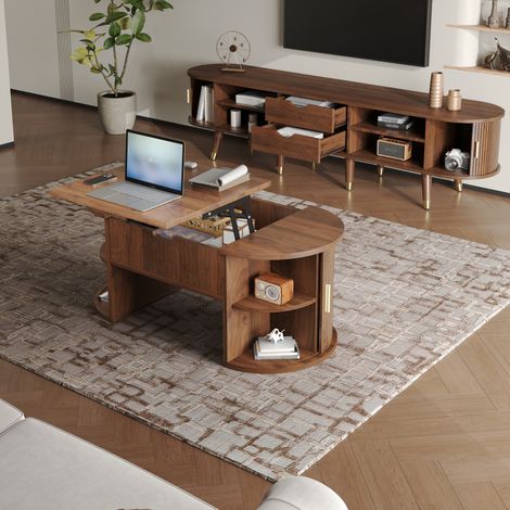 Ensemble de salon 2 pièces, table basse avec plateau relevable, meuble TV, portes coulissantes, nervures verticales, pieds en bois, poignées dorées, espace de rangement (1/4)