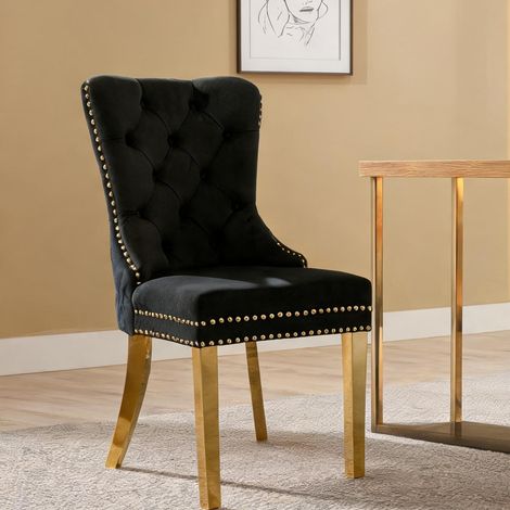 Chaise de salle à manger en velours noir et doré lot de 4 (1/5)