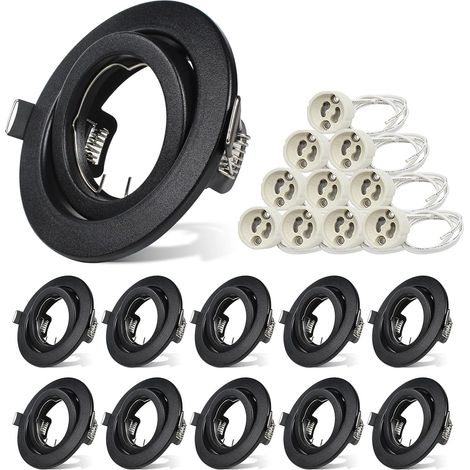 Lot de 10 Spots Encastrables GU10 Orientables, Cadres Noir Mat en Métal avec Douilles GU10, Supports Spot LED Rond pour Plafond, Diamètre de Perçage 98 mm, Cuisine Salon Bureau (1/5)