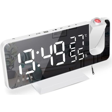 Projektorwecker, Radiowecker mit Temperatur- und Feuchtigkeitsanzeige, 7,5-Zoll-LED-Spiegeldisplay und automatischer Dimmfunktion (weiß) (1/4)