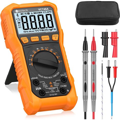 Digital Multimeter 2000 Counts Electrical Tester AC DC Current Voltage Resistance Capacitance NCV Frequency Temperature with Crocodile Clip (Orange, 6000 Counts / 1000V 20A)