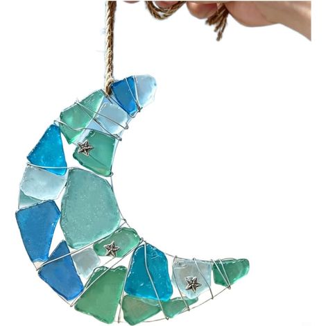 Pendentif en forme de lune en verre de mer fait à la main avec finition polie et art marin léger Bleu 13 x 1 x 15 cm (1/5)