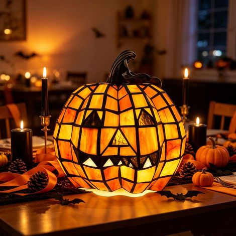 Halloween Kürbis aus Harz Tiffany Stil Gruseliges Gesicht 15 cm Großes Modell Deko für Zuhause