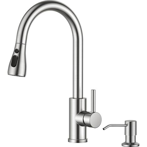 Robinet Cuisine, Mitigeur Cuisine, Pivotant à 360° d'Évier à Arc Élevé Pulvérisateur Escamotable 2 Modes, Acier Inoxydable (1/5)