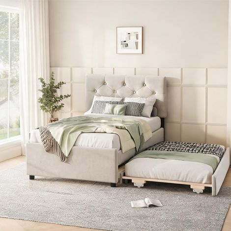 Cadre de lit beige en velours 210 x 100 x 108,5 cm (1/5)