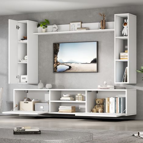 Mobile TV set 4 pezzi in truciolare bianco 180x35x33,5 cm, con 2 pensili e mensola, installazione sospesa o a terra (1/5)