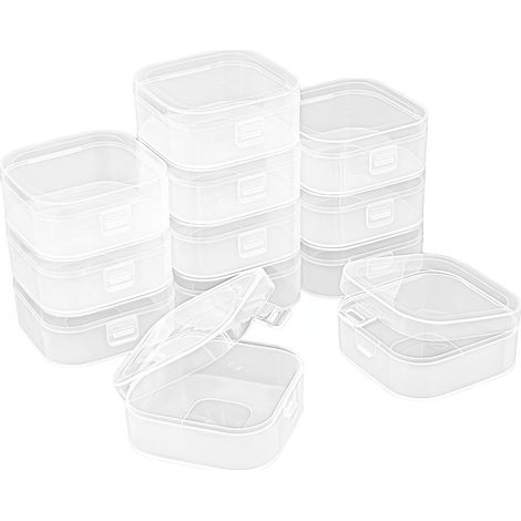 Lot de 12 mini boîtes de rangement carrées vides en plastique transparent avec couvercles à charnière pour petits articles et autres projets d'artisanat (9 x 9 x 3,8 cm) (1/5)