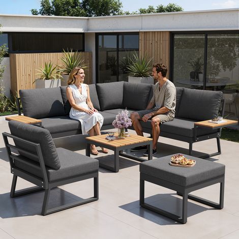 Canapé de jardin forme L accoudoirs bois : salon d’angle et transat fer, table bois, fauteuils, 7 places, avec coussins, gris/beige