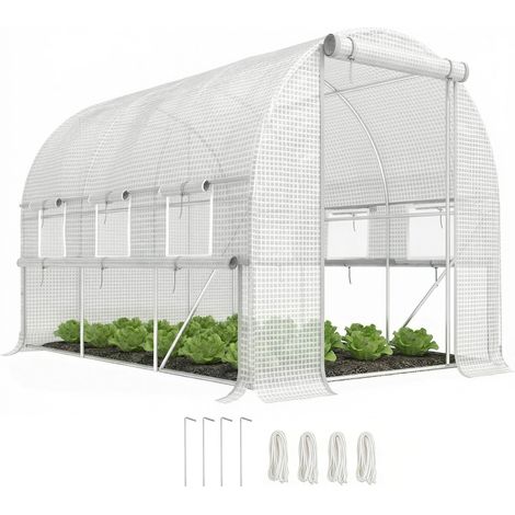 Serra a tunnel da giardino Irovami con pareti laterali avvolgibili, copertura in PE resistente ai raggi UV, 3 x 2 x 2 m, bianca