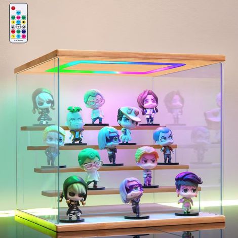 Transparente Acryl-Vitrine mit ferngesteuerter RGB-LED-Beleuchtung, 3/4/5/6-stufige staubdichte Sammlungsvitrine, Ausstellungsständer für Lego-Minifiguren (Holz, 5 Regalböden 32 x 31 x 30 cm)