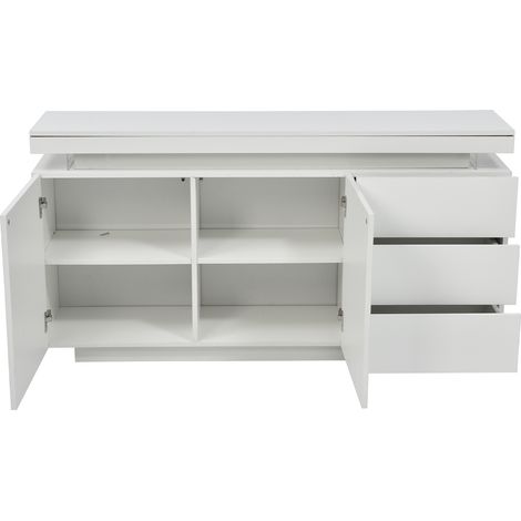 Credenza moderna bianca lucida con LED 2 ante 3 cassetti 140 x 35 x 72,5 cm MODENUIT (1/5)