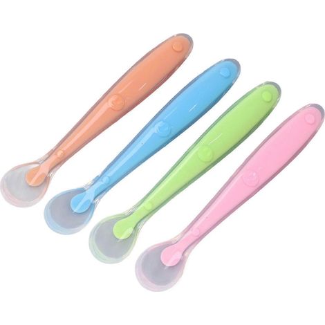 4 Cuillères de Repas Bébé en Silicone Souple, Poignée Ergonomique Anti-Dérapante, Lavables et Résistantes à l'Huile, Idéales pour Apprendre à Manger Tout Seul, pour Enfants et Tout-Petits (1/5)