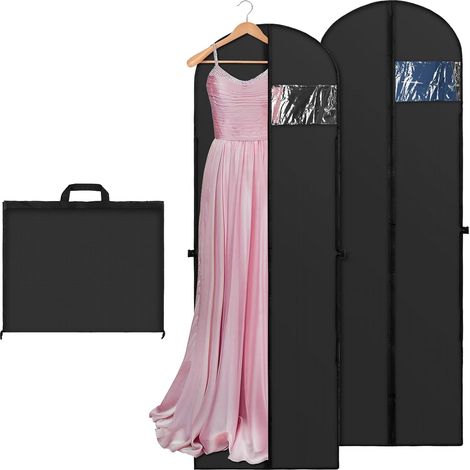 Lot de 2Pcs Housse Robe de Mariée 60x180cm Housse Vetements à Suspendre avec Poignée, housse costume homme housses de protection anti-poussière avec fermeture éclair, Noir (1/5)