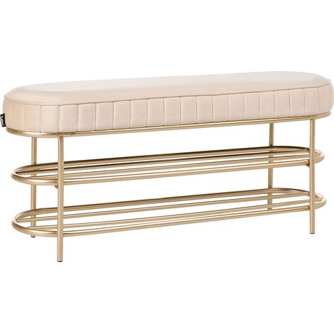Bench Beige Velvet Upholstered Seat Hallway Seat Glamour Style with 2 Shelves VERGENNES (1/5)