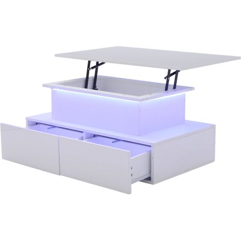 Table basse blanche laquée LED 4 tiroirs, 90x55x41 cm, rangement (1/5)