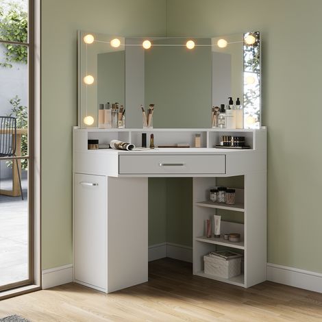 ELEGANT Corner Dressing Table with 3 Large Movable Triple Mirror, 3 Open Compartments and 2 Drawers, White Design Single Dresser Table + LED Mirror Lights