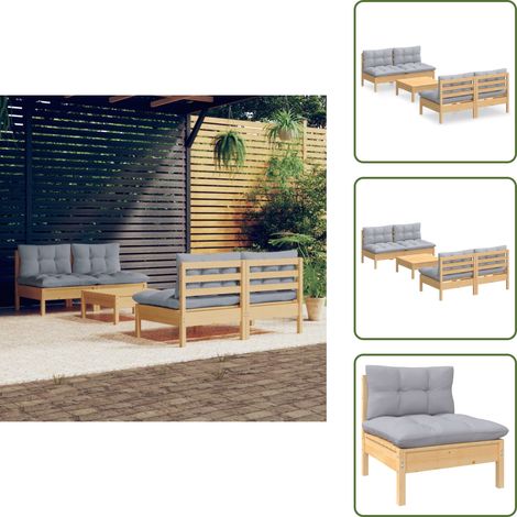 The Living Store Salon de jardin 5 pcs avec coussins gris bois de pin - Canapé extérieur (1/5)