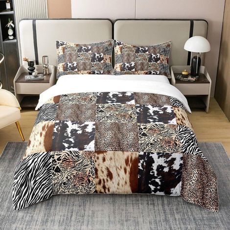 Bettwäsche-Set 220x240cm mit 2 Kissenbezügen 80x80cm, 100% Baumwolle, Patchwork-Tierfell-Design