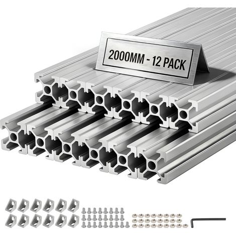 Profilé Aluminium Extrudé 2020 12 PCS Profilé Alu Anodisé 2000 mm Rainure en T Standard Européen pour Châssis d'Imprimante 3D, Machine CNC, Mobilier, Établis, Bricolage, Haute Résistance, Argent (1/5)