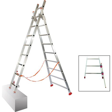 Echelle transformable 2x8 barreaux - Rattrapage de niveau - Longueur déployée 3.70m - Sol plat ou escalier - ATL230-2/BR