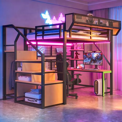 Lit mezzanine métal 140 x 200cm, bureau, étagère et filet rangement, échelle sécurité, LED et douille, rampe surélevée, noir