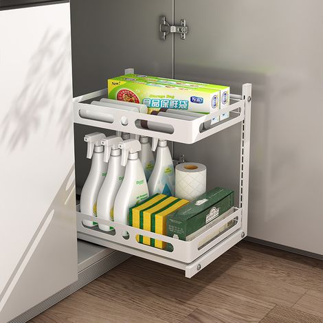 Organisateur Coulissant Sous Évier 2 Niveaux, Étagère de Rangement Cuisine avec Tiroirs Coulissants, Support de Rangement Métal pour Salle de Bain et Cuisine, Blanc (1/3)