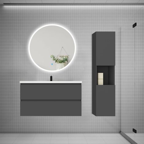 AICA Ensemble meuble vasque L.99cm 2 tiroirs + lavabo + LED miroir rond 90cm + colonne,anthracite (1/5)