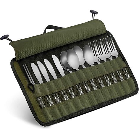 Ensemble de 13 couverts familiaux en acier inoxydable pour pique-nique, camping, randonnée et barbecue : fourchettes, cuillères, couteaux et baguettes.
