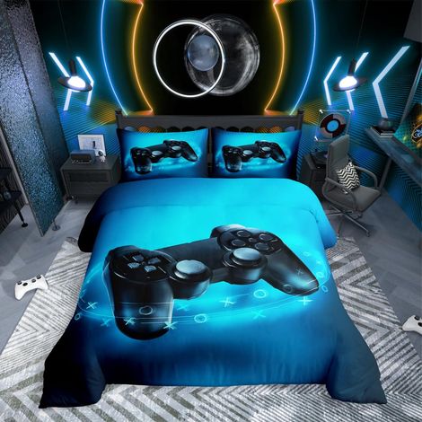 Parure de lit pour adolescents - Motif manette de jeu pour enfants - 200 x 200 cm - Moderne - En microfibre - Pour garçons et filles - Décoration de chambre à coucher - Avec housse de couette et 2 (1/5)