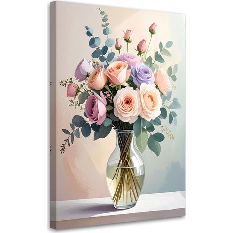Toile Imprimée, Bouquet de roses dans un vase en verre sur fond clair,20x30 (1/4)