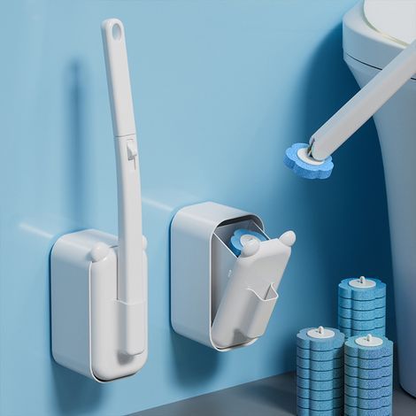 Brosse de toilette jetable en plastique blanc longueur 40 cm fournitures de nettoyage de toilette avec support avec 6 têtes de brosse de rechange, 1 (1/5)