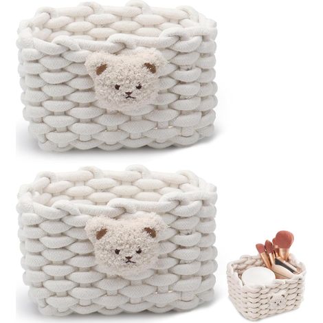 2 Pièces Paniers de Rangement en Corde de Coton, Panier de Rangement à Langer Empilables, Petit Panier Tressé Carré Organisateur Bébé, pour Chambre de Bébé Bain Salon, Blanc (1/5)