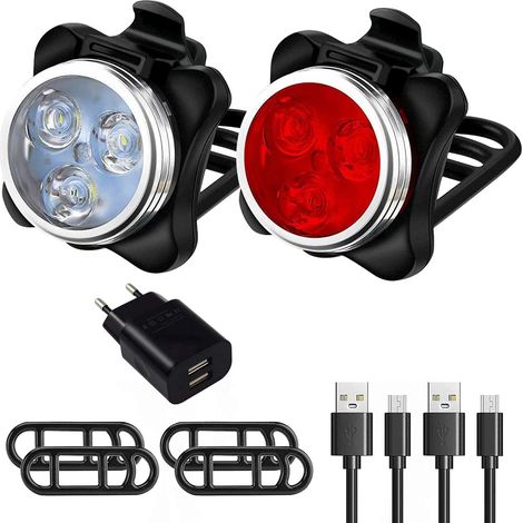 Lampe LED de Vélo, Lumière Vélo Rechargeable Avant Arrière, 4 Modes de Luminosité éclairage USB Antichoc Impermeable VTT VTC Cycliste Poussette Camping (1/5)
