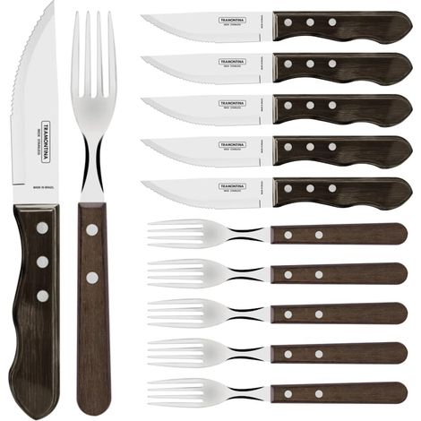 Tramontina Set di posate da bistecca Jumbo in acciaio inox, manico in legno FSC, lavabili in lavastoviglie, per 6 persone, affilate (1/4)