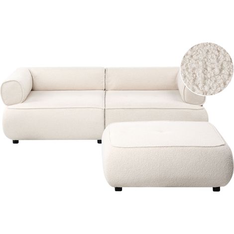 Divano a 3 posti con pouf bouclé braccioli arrotondati seduta trapuntata e poggiapiedi design moderno bianco sporco Salla