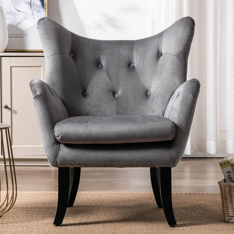 Poltrona moderna imbottita con schienale alto e gambe in legno - Divano semplice in velluto per soggiorno, camera da letto, ufficio (grigio) (1/5)