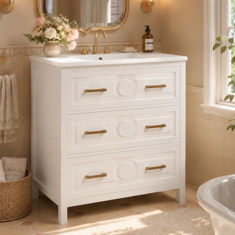Lavabo sur pied blanc laqué 76,5x47x82 cm, vasque céramique monobloc, meuble 3 tiroirs à fermeture amortie, salle de bain moderne. (1/5)