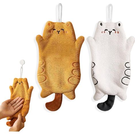2 Pieces Cute Cat Towels, Soft Cotton Tea Towels, Absorbent Kitchen Towels, Beautiful Towels for Kitchen and Bathroom 25 x 15 cm (1/5)