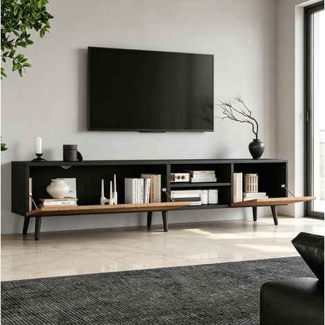 TV-Lowboard 180x33.5x45 cm Natur-Schwarz aus Spanplatte mit 3 Türen, offenem Fach und Kabeldurchführung (1/5)