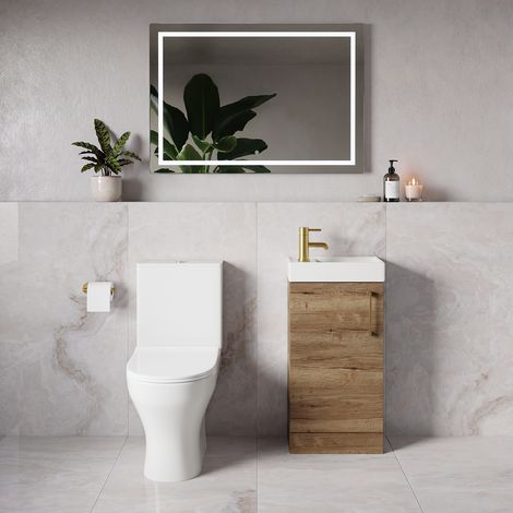 Napoli Cube Tobacco Oak 400mm Single Door Vanity Unit and Jubilee Toilet Suite with Align Basin - 400mm - Brushed Brass 160mm Handle