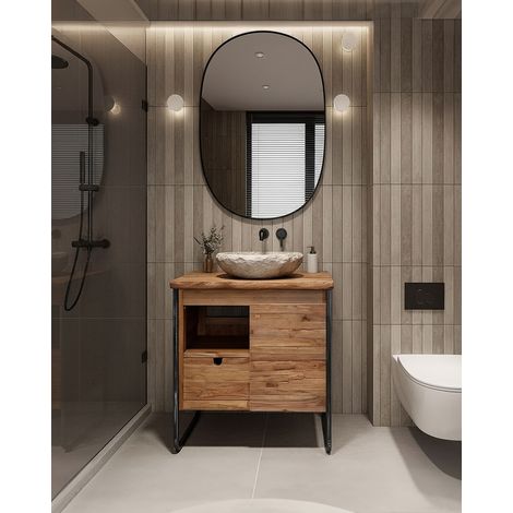 Azur - Petit meuble salle de bain industriel en teck et métal 70 cm (1/5)
