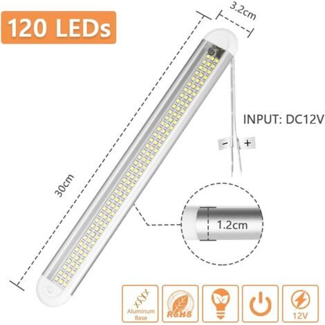 Barra de luz LED interior, 2 unidades, 12 V, 120 LED, con interruptor de encendido/apagado, tira de luz blanca para coche/camión/autocaravana/barco/furgoneta (9-90 V CC) (1/4)