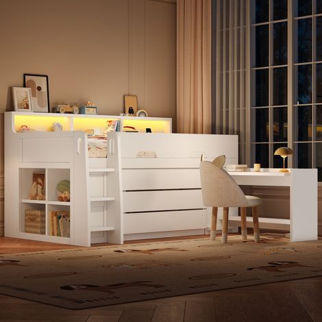Letto a soppalco basso 90 x 200 cm con 3 cassetti, scrivania mobile, LED e USB, bianco DESVIAE (1/5)