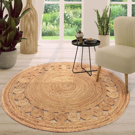 1 tapis rond en jute, style bohème, fait main, bordure moderne, 120 cm, couleur nature