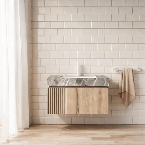 Meuble sous vasque suspendu 76 cm gris clair et chêne blanc (1/5)