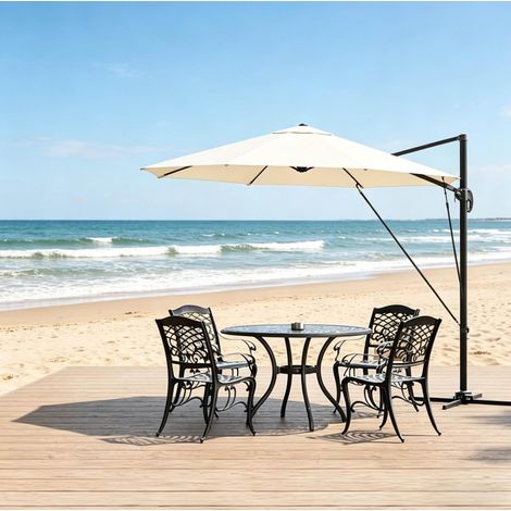 Parasol de balcon rond 3 m pivotant à 360° avec 5 inclinaisons, structure métal, beige (1/5)