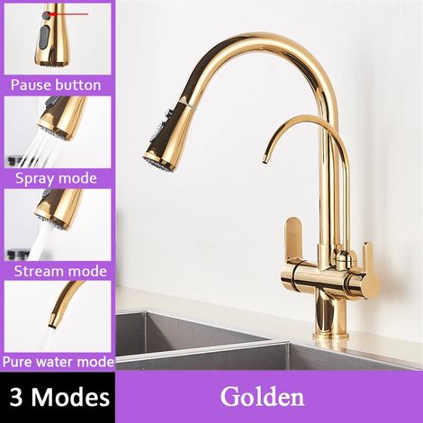 Robinet de cuisine à filtre tactile (sans capteur doré) avec douchette extractible et double poignée, mitigeur d'évier noir. (1/5)
