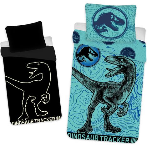 Linge de lit phosphorescent 140x200, taie d'oreiller dinosaure Jurassic World 70x90 (1/5)