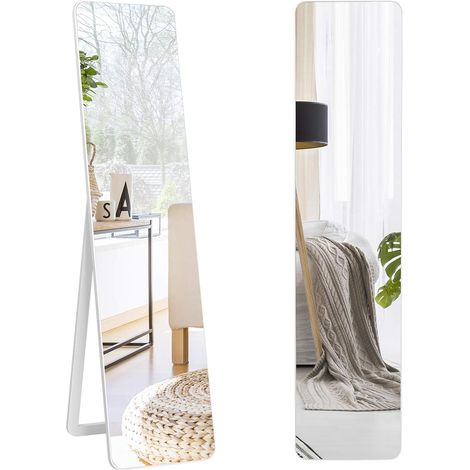 COSTWAY 2 in 1 Ganzkörperspiegel, stehend/ Wandmontage, mit Holzrahmen, Standspiegel und Wandspiegel, 37 x 160cm, für Schlafzimmer, Wohnzimmer und Eingangsbereich